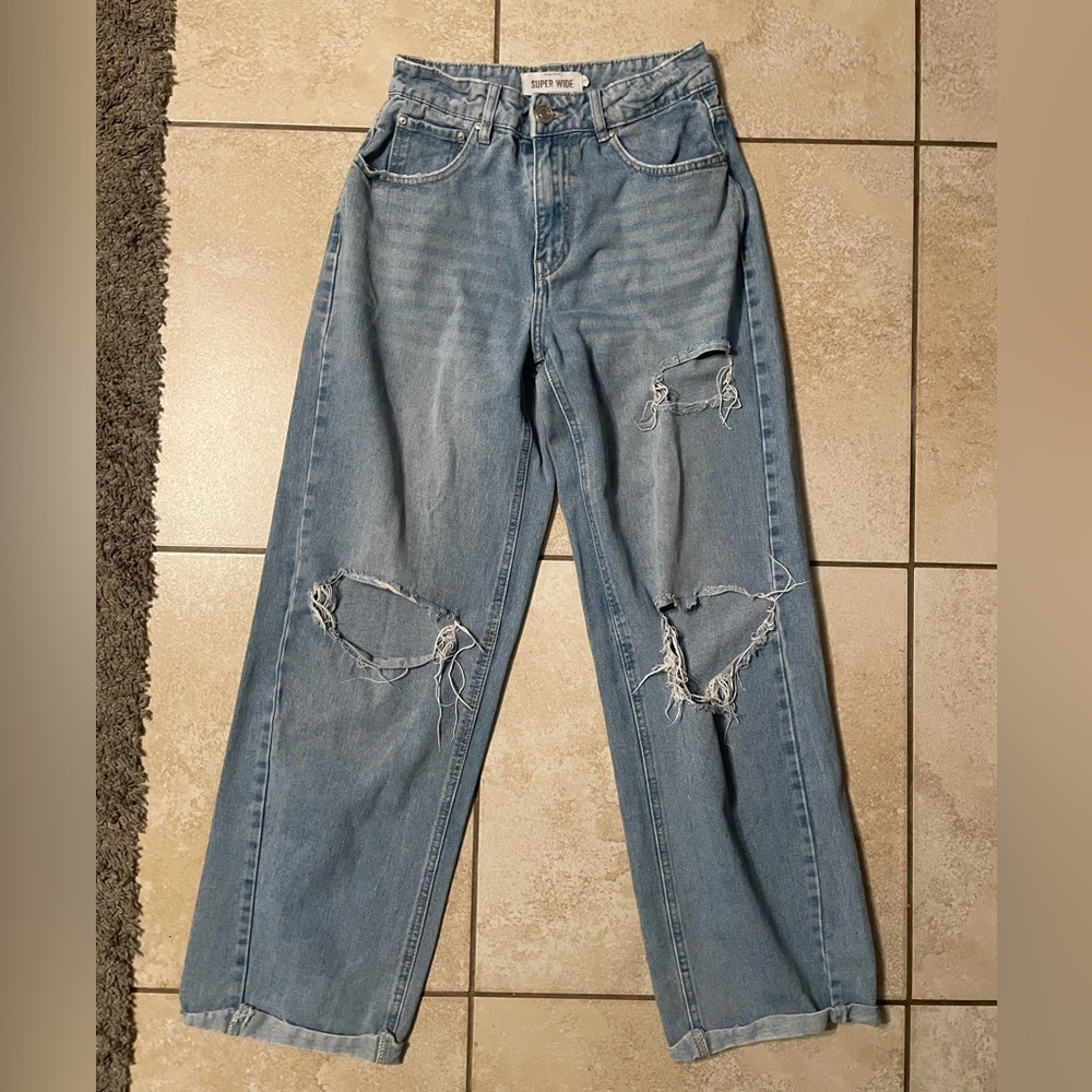 Light Blue Distressed wide Leg Jeans